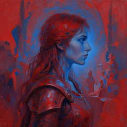 side portrait, imogen poots, paladin, gloomhaven, organic painting, hard edges, red - blue tones, luminescent, octane render, by greg manchess, huang guangjian, gil elvgren, sachin teng, greg rutkowski, jesper ejsing, rhads, ilya kuvshinov, cushart krenz