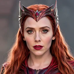 A portrait of elizabeth Olsen as scarlet witch with the scarlet witch crown, cinematic, digital art, amazing detail