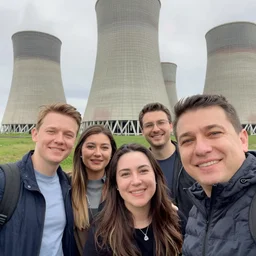 group of friends doing a selfie photo outside chernobyl power plant reactor