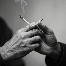 black and white photograph of a wrinkly sad hand holding a cigarette, smoke