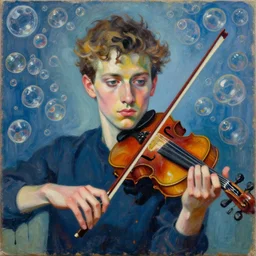portrait of a young violinist focusing, painted by vincent lefevre and hernan bas and pat steir and hilma af klint, psychological, symmetrical face, dripping paint, washy brush, background with hundreds of bubbles by andreas gursky, rendered in octane, altermodern, masterpiece