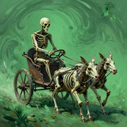 The digital art features a human figure driving a chariot. The figure is skeletal and frail, with a large head and eyes. The chariot is pulled by two animals, which are also skeletal and frail. pine green by Keith Negley swirling