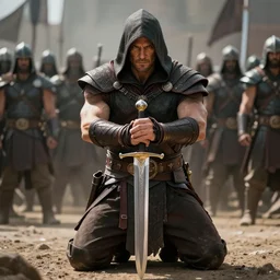 giant hooded warrior kneeling while holding her sword in hand with her hands in front of a large crowd of warriors in the style of james cameron