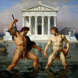 hercules and achilles frolic in an estuary, a marble temple stands in the background, painting by gaston bussiere, craig mullins, j. c. leyendecker, tom of finland