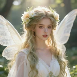 headshot of a beautiful sexy pickle person ethereal magical young winged fairy princess wearing a white robe and flowers in her hair in a fantasy garden, d & d, fantasy, intricate, rim light, god rays, volumetric lighting, elegant, highly detailed, digital painting, artstation, concept art, smooth, sharp focus, illustration, art by greg rutkowski, maxfield parrish and alphonse mucha, sunrise, new art nouveau, soft ambient lighting, particle effects