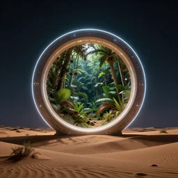 a luminous circular stargate in the desert through which a jungle is visible