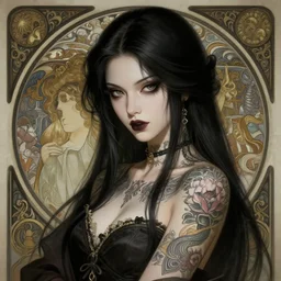 portrait of a goth yakuza girl with tattoos, intricate, elegant, highly detailed, digital painting, artstation, concept art, smooth, sharp focus, illustration, art by artgerm and greg rutkowski and alphonse mucha and william - adolphe bouguereau