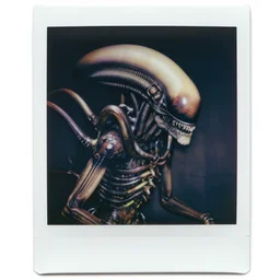 a polaroid picture of a xenomorph with fluorescent flesh, polaroid pic by giger