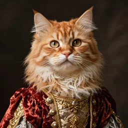 baroque portrait of an orange fluffy cat in regal clothes