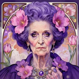 purple and pink flowerpunk portrait of a fierce old matriarch by paul lehr, beksinski, alphonse mucha