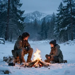 a movie still from final fantasy live action, a traveler alone by the campfire in the snow