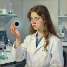 an oil portrait painting of a beautiful young female scientist in a laboratory looking at a small black hole in her hand, style by jordan grimmer and greg rutkowski, static frontal composition, elegant, sharp focus, morandi color scheme, illustration, high quality, highly detailed, long hair, digital art