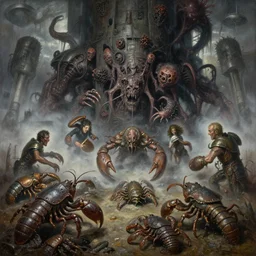 fine art oil painting muck jeweled, varied filthy rugated armored crustaceans clawing & terrified as massive brutalist structure, claustrophobic cilia sporing pox, final drag race, evil fog, final battle, clustered horror, by virgil finlay, vincente b ballestar, by francesco blanc, geof darrow, bisley, b wolver