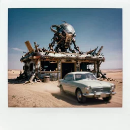 polaroid photograph, travel photography, driving past a terrifying space creature standing in front of an abandoned cyberpunk bar made of scrap metal and scrap wood in the desert of a gloomy alien world, motion blur, brilliant lighting