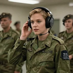 linda hamilton wearing headphones in a military base, 1 9 8 7, movie still