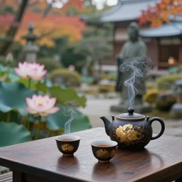 japanese garden, lotus flowers, temple, statue, traditional japanese tea pot, two smoky cup of tea on a wood table, smoky autumn lightings, smoky atmosphere, japanese garden background, micro details, ( ( ( intricate ) gold details ) ), photorealism, crisp, hasselblad camera, by annie leibovitz