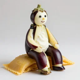sitting man made of aubergines, yogurt and fillo pasta