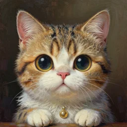 cat mascot character, digital painting, portrait, 4k wallpaper, intricate detailed brush strokes, masterpiece, cute, chibi, beautiful, gorgeous, stunning, meticulous composition, unique design, by Junji Ito, by Frank Frazetta, by Takashi Murakami, by Kentaro Miura, by Monet, by Rembrandt, by Michelangelo