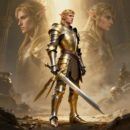 standing elf profile portrait with armor in golden and silver colors and a curve long sword, full body, epic masterpiece of cinematographic hyperrealism, realistic shaded lighting poster by craig mallismo, artgerm, jeremy lipkin and michael garmash, unreal engine, radiant light, detailed and intricate environment, digital art, art station trends