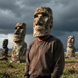 'Photo of Kanye West with moai head