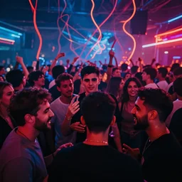 in the front 3 friends partying, in the back a huge crowd and neon light, abstract