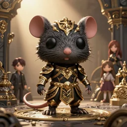 highly detailed funko pop of a rat in black gold intricate and ornate armor, unreal engine, fantasy art by greg rutkowski, loish, rhads, makoto shinkai and lois van baarle, ilya kuvshinov, rossdraws global illumination, radiant light, detailed and intricate environment