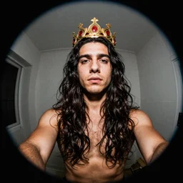 fisheye selfie of the king of the world, who is a shirtless long haired man