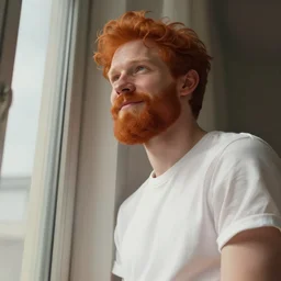 low angle of attractive red - headed bearded man wearing a white t - shirt looking out the window expectantly, a smile on his lips, highly detailed, digital painting, artstation, concept art, smooth, sharp focus, illustration, art by artgerm, greg rutkowski, alphonse mucha, j. c. leyendecker