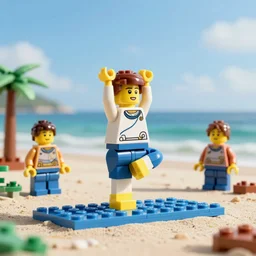 lego people doing yoga on beach, hyper details, cartoon, hyperrealistic intricate details, by Peter Mohrbacher, trending on artstation, 8k