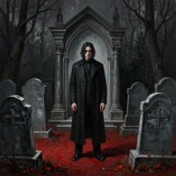a painting of a man standing in a graveyard mausoleum, an ultrafine detailed painting by seb mckinnon, featured on cgsociety, gothic art, darksynth, dark and mysterious, ominous vibe, red on the ground