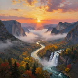 The most beautiful panoramic landscape, oil painting, where the mountains are towering over the valley below their peaks shrouded in mist, the sun is just peeking over the horizon producing an awesome flare and the sky is ablaze with warm colors, lots of birds and stratus clouds. The river is winding its way through the valley ending in a giant dreamy waterfall, the trees are starting to turn yellow and red, by Greg Rutkowski, aerial view