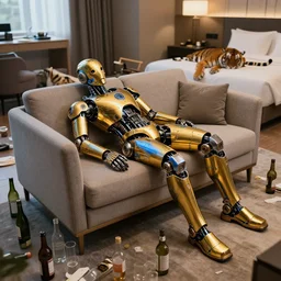 portrait photo of a shiny golden and blue metallic futuristic steampunk humanoid robot sleeping on a sofa in a modern hotel room with empty bottles all over the floor, a tiger in the background furniture thrown over on the floor, messy, pressphoto, insanely detailed, wide shot