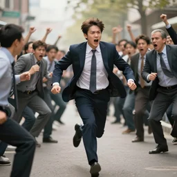 a banker running away from an angry crowd photorealistic trending on art station