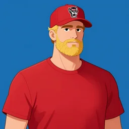 tall white guy with a short blonde beard wearing an nc state red baseball cap and red shirt full color digital illustration in the style of don bluth, artgerm, artstation trending, 4 k