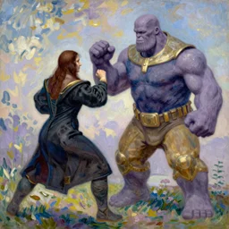 da vinci is fighting with thanos ， by monet