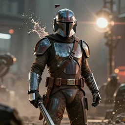 The mandalorian in Gears of War!!!!!, splash art, movie still, cinematic lighting, dramatic, octane render, long lens, shallow depth of field, bokeh, anamorphic lens flare, 8k, hyper detailed, 35mm film grain