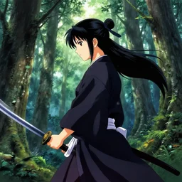 beautiful cinematic fantasy poster, asian woman side view using a bokken, perfect art, in a forest, by noriyoshi ohrai and takehiko inoue
