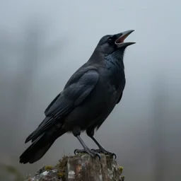 crow cawing. atmospheric lighting. foggy background. highly detailed matte painting by greg rutkowski.