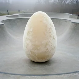 large ivory color velvet sculpture like upscaled egg, curved, in the style of anish kapoor, stands in the middle of a curved concrete skate park, inside view skate park, on the low fog, film still from the movie directed by denis villeneuve with art direction by zdzisław beksinski