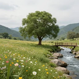 A flowery meadow with a large tree in the middle and a river on the right with rocky sides, a wooden bridge on the right and mountains in the background, a slightly overcast sky. ultra realistic, matte painting, concept art, 4k, trending on artstation, octane render, wide lens.