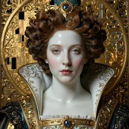 face centered portrait, artwork by james jean, hyperdetailed realistic smooth polished porcelain, beautiful medieval queen, jean delville, art nouveau, gustav klimt, ornate gothic icon with heavy patina, james jean, ultrasharp hyperdetailed photorealistic octane render, iris van heppen, visionary
