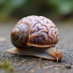 a snail with a very big human brain as shell