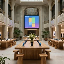 (2050s Microsoft art nouveau brutalist luxurious retail interior. Mobile phones. large oak tables, empty stools, fragrant plants, large digital screens) muted palette, architectural photography, wide shot, XF IQ4, 14mm, f/1.4, ISO 200, 1/160s, 8K, RAW, unedited, symmetrical balance