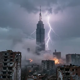 a destroyed city with a big tower in the middle covered in mist, lightning bolts hitting and exploding the buildings, by michal karcz