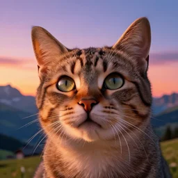 cat face in the sky, swiss landscape, retrowave digital artwork, photorealistic, sunset, very detailed, beautiful, volumetric lighting, high quality