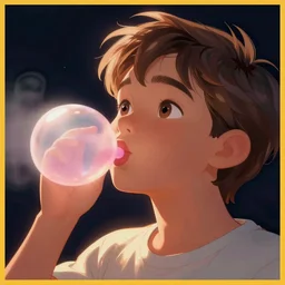 kid blowing bubble gum, disney style illustrations, blunt borders