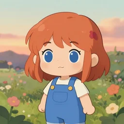 kawaii chibi art of a ginger girl with big blue eyes, freckles, flower garden, blue overalls, studio trigger studio ghibli, soft lighting, sunset, muted colors