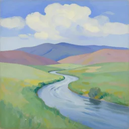 a painting of a river flowing through a meadow, colorful mountains in the distance, blue sky with fluffy clouds, pastel colors, georgia o'keeffe