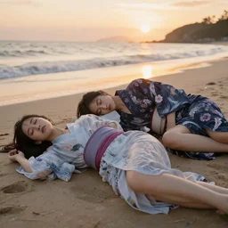 beautiful asian girls sleeping on the beach durring sunset in wet kimonos