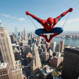 two - point perspective landscape of spiderman swinging across manhattan, by kim jung gi, paul heaston, extremely wide angle shot, trending on art station, 4 k, vibrant lighting